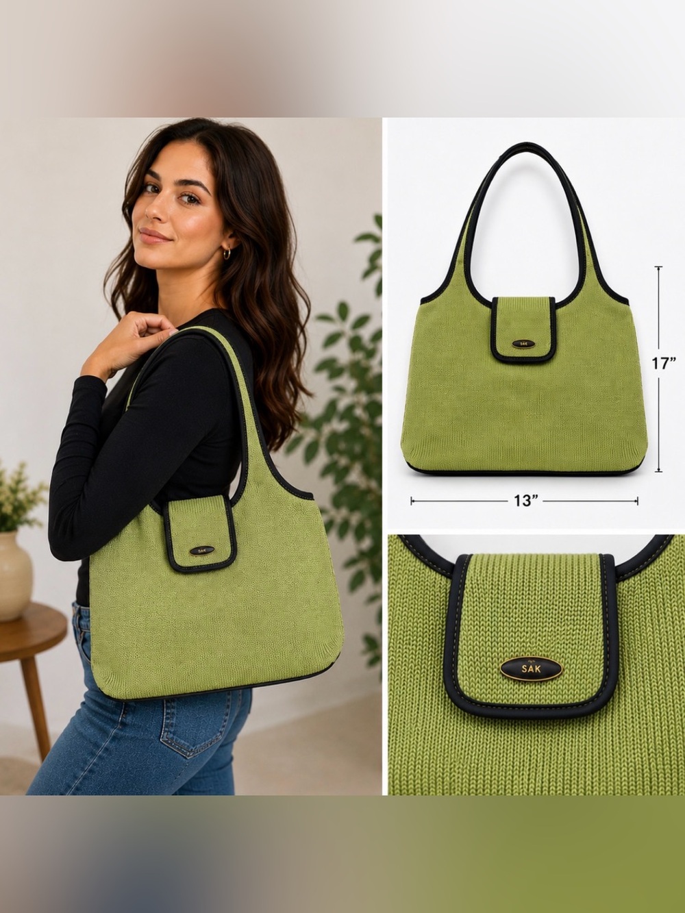 The Sak Green Knit Shoulder Bag Purse Black Trim Y2K Boho Tote
